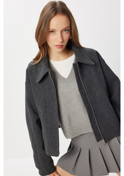 Polo Yaka Fermuarlı Kaşe Ceket LOH0015 Antrasit fırsatları