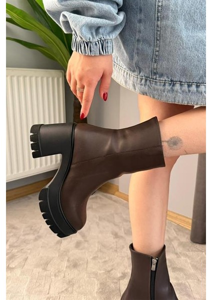 Kadın Pita Kahverengi ( 8 cm ) Platfom Topuklu Fermuarlı Bot fırsatları