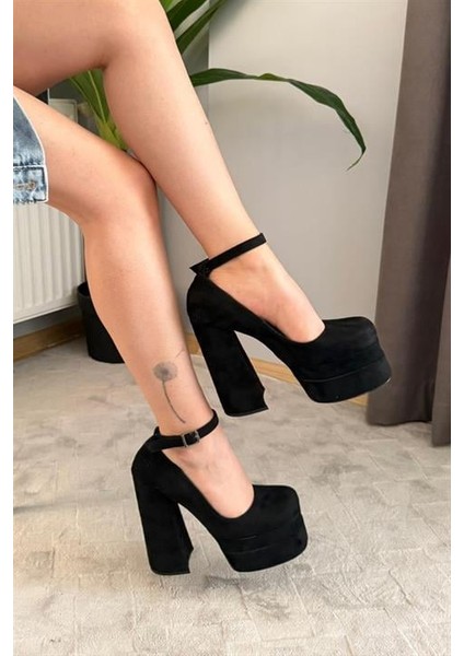 Kadın Sophia Siyah Süet 15 cm Platform Topuklu Ayakkabı fırsatları