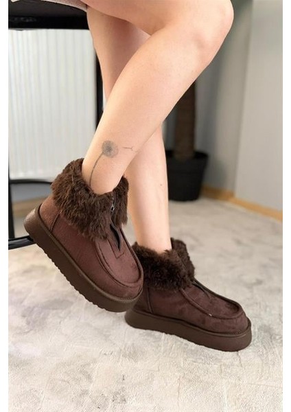 Kadın Impera Kahverengi Süet Kürklü Fermuarlı 4 cm Kalın Tabanlı Kısa Bot