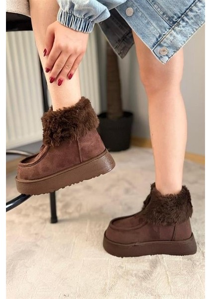 Kadın Impera Kahverengi Süet Kürklü Fermuarlı 4 cm Kalın Tabanlı Kısa Bot fiyatları