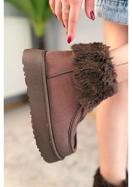 Kadın Impera Kahverengi Süet Kürklü Fermuarlı 4 cm Kalın Tabanlı Kısa Bot modelleri