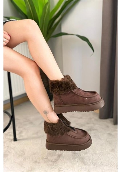 Kadın Impera Kahverengi Süet Kürklü Fermuarlı 4 cm Kalın Tabanlı Kısa Bot fırsatları
