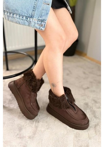Kadın Impera Kahverengi Süet Kürklü Fermuarlı 4 cm Kalın Tabanlı Kısa Bot indirimleri