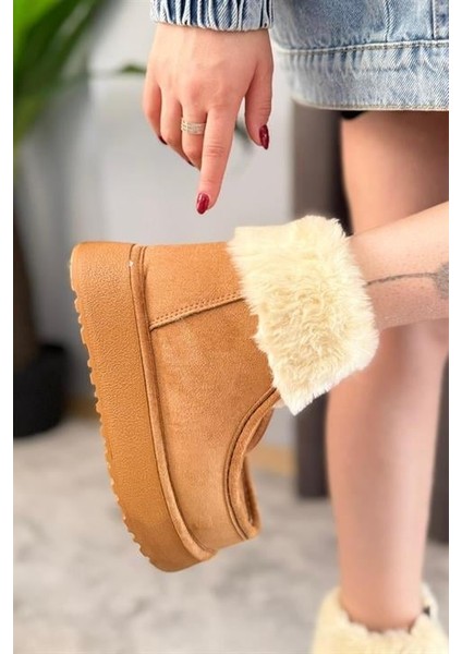 Kadın Impera Taba Süet Kürklü Fermuarlı 4 cm Kalın Tabanlı Kısa Bot