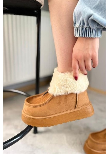 Kadın Impera Taba Süet Kürklü Fermuarlı 4 cm Kalın Tabanlı Kısa Bot modelleri