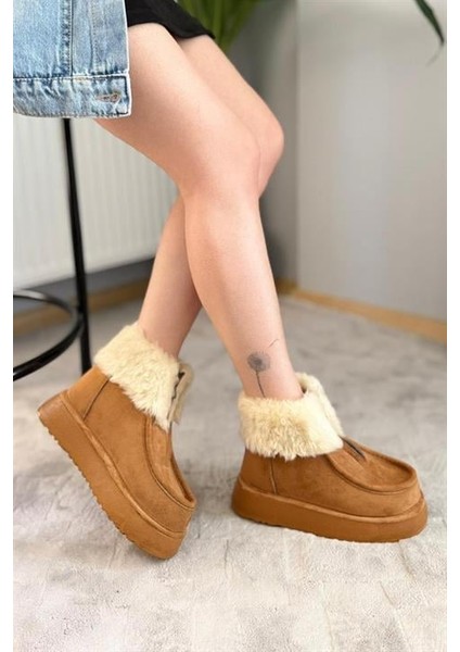 Kadın Impera Taba Süet Kürklü Fermuarlı 4 cm Kalın Tabanlı Kısa Bot indirimleri