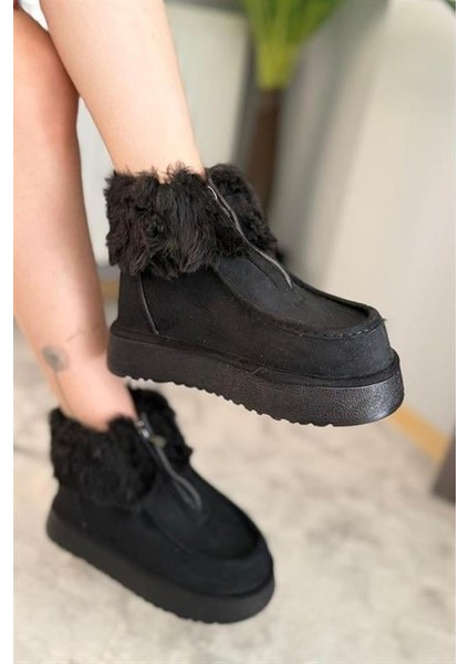 Kadın Impera Siyah Süet Kürklü Fermuarlı 4 cm Kalın Tabanlı Kısa Bot modelleri