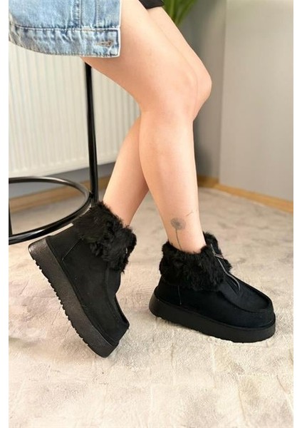 Kadın Impera Siyah Süet Kürklü Fermuarlı 4 cm Kalın Tabanlı Kısa Bot indirimleri