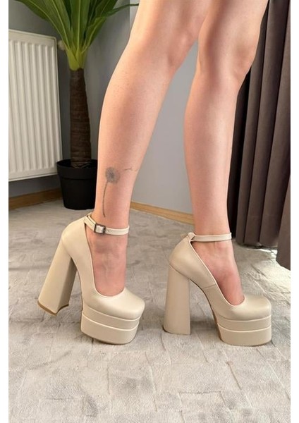 Kadın Sophia Bej Deri 15 cm Platform Topuklu Ayakkabı fiyatları