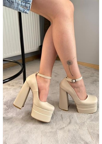 Kadın Sophia Bej Deri 15 cm Platform Topuklu Ayakkabı modelleri