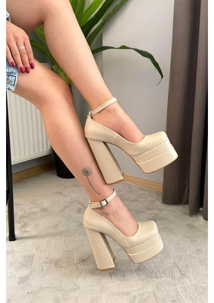 Kadın Sophia Bej Deri 15 cm Platform Topuklu Ayakkabı fırsatları