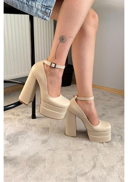 Kadın Sophia Bej Deri 15 cm Platform Topuklu Ayakkabı indirimleri