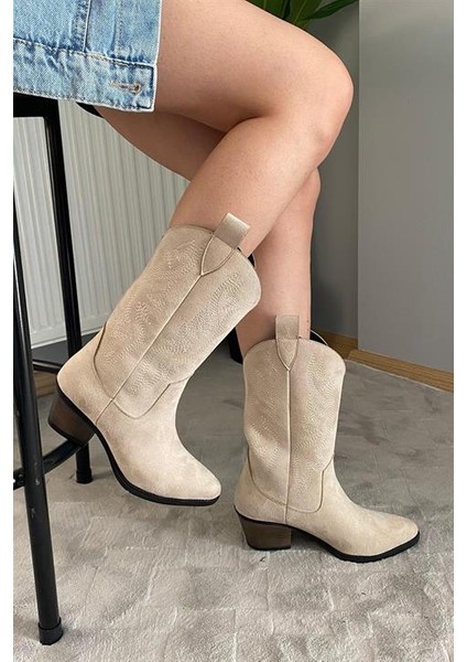 Kadın Virola Bej Süet Orta Boy Nakışlı Kovboy Çizme fiyatları