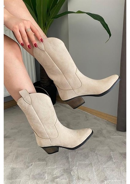 Kadın Virola Bej Süet Orta Boy Nakışlı Kovboy Çizme modelleri