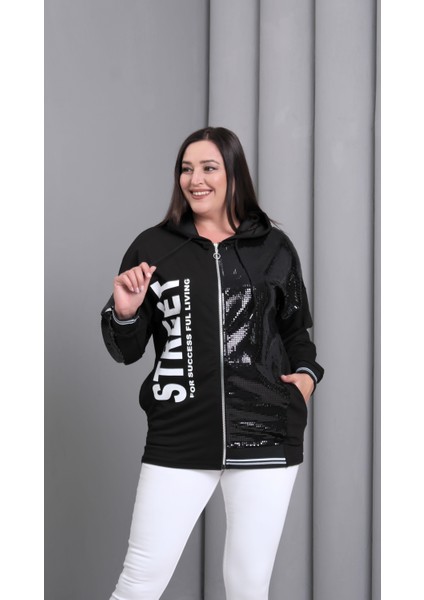Kadın Büyük Beden Street Baskılı Fermuarlı Siyah Sweatshirt