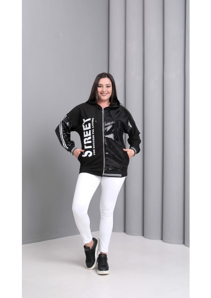 Kadın Büyük Beden Street Baskılı Fermuarlı Siyah Sweatshirt fiyatları