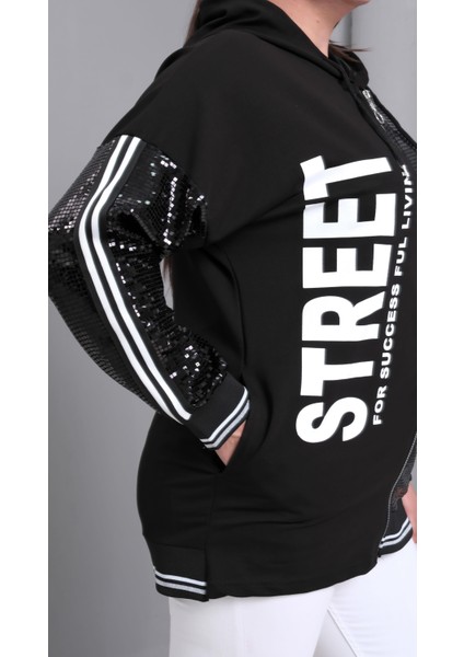 Kadın Büyük Beden Street Baskılı Fermuarlı Siyah Sweatshirt indirimleri
