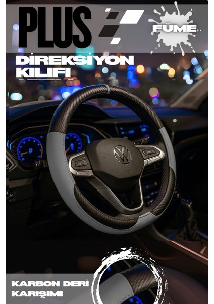 Plus Karbon Serisi Siyah Gri Geçmeli Direksiyon Kılıfı (Siyah Füme)