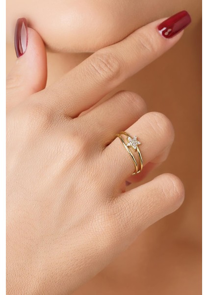 14 Ayar Altın Çift Kollu Taşlı Yıldız Yüzük