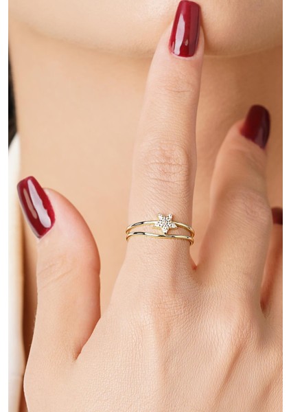 14 Ayar Altın Çift Kollu Taşlı Yıldız Yüzük modelleri