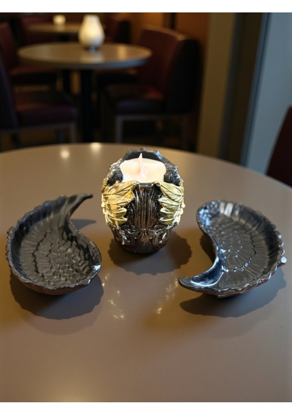 Dekoratif Yüz ve Kanat Figürlü 3’lü Set, Modern Salon Süsü, Şık Masa Üstü Dekor, Mum Hediyeli modelleri