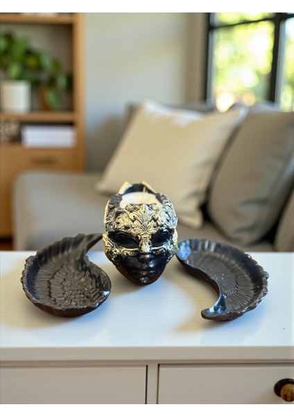 Dekoratif Yüz ve Kanat Figürlü 3’lü Set, Modern Salon Süsü, Şık Masa Üstü Dekor, Mum Hediyeli