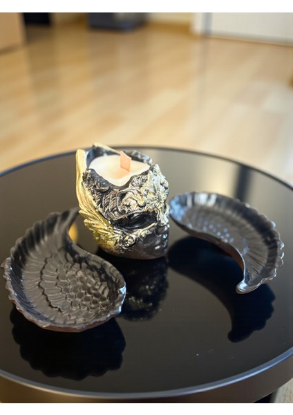 Dekoratif Yüz ve Kanat Figürlü 3’lü Set, Modern Salon Süsü, Şık Masa Üstü Dekor, Mum Hediyeli