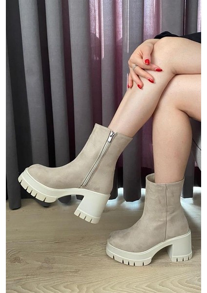 Kadın Pita Krem Süet ( 8 cm ) Platfom Topuklu Fermuarlı Bot fiyatları