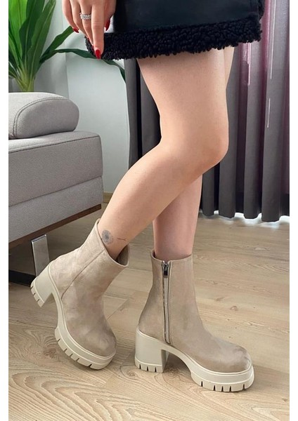 Kadın Pita Krem Süet ( 8 cm ) Platfom Topuklu Fermuarlı Bot modelleri