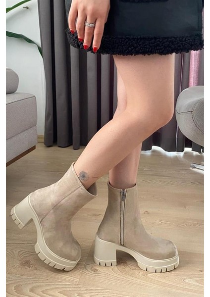 Kadın Pita Krem Süet ( 8 cm ) Platfom Topuklu Fermuarlı Bot fırsatları