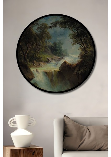 Dekoratif Ahşap Yuvarlak Çerçeve Görünümlü Tablo Şelale Manzarası