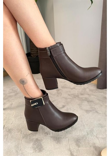Kadın Mabel Kahverengi Tokalı ( 6 cm ) Topuklu Oval Burun Bot fırsatları