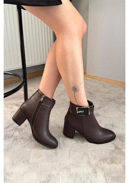 Kadın Mabel Kahverengi Tokalı ( 6 cm ) Topuklu Oval Burun Bot indirimleri