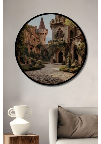 Dekoratif Ahşap Yuvarlak Çerçeve Görünümlü Tablo Ortaçağ Şatosu Bahçesi