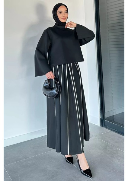 Sırt Fermuarlı Bluz Şerit Desenli Bel Lastiklli Etek Tesettür Ikili Takım P-00018876