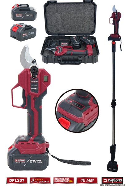 10 Pilli Kızaklı 2.1m Uzatma Kollu Bakır Sargı Yedek Bıçaklı 40MM Dijital Bağ Makası DFL-207