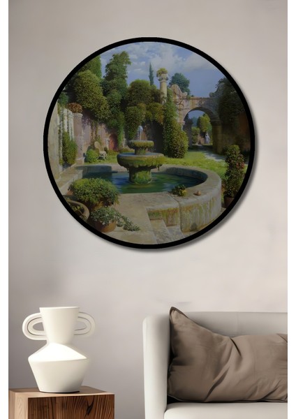 Dekoratif Ahşap Yuvarlak Çerçeve Görünümlü Tablo Yeşillikler Içinde Bahçe
