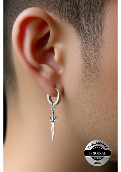 Sıkıştırmalı Deliksiz Kılıç Model Sallantılı Erkek Kadın Unisex Çelik Gri Küpe Ear Cuff 1 Adet