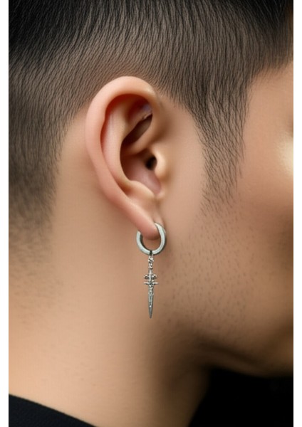 Sıkıştırmalı Deliksiz Kılıç Model Sallantılı Erkek Kadın Unisex Çelik Gri Küpe Ear Cuff 1 Adet modelleri