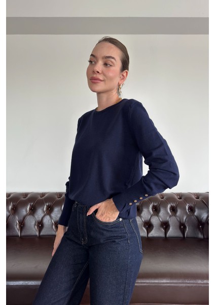 Bisiklet Yaka Kolu Düğmeli Orijinal Kazak- Lacivert