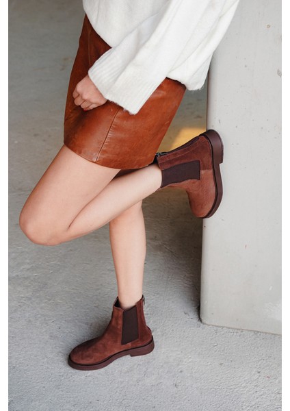 Kadın Hakiki Deri Elastik Yan Bantlı Günlük Bot Kater Kahve Süet fiyatları