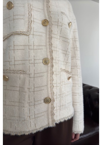 Ekose Desen Simli Triko Hırka- Ekru