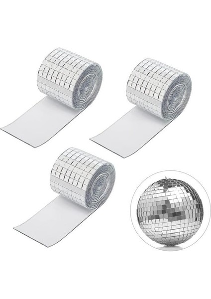 3 Rulo Gümüş Renk Aynalı Mozaik Taşlı Dekor Bant Yapışkanlı Kare Cam Ayna Taş Parti Süsleme Bandı