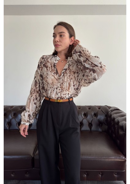 Gipeli Leopar Desen Şifon Gömlek- Camel