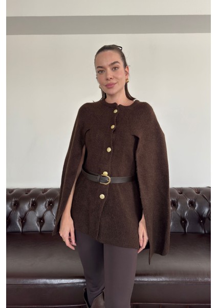 Özel Üretim Triko Kemerli Panço- Kahverengi