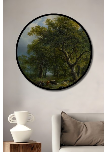 Dekoratif Ahşap Yuvarlak Çerçeve Görünümlü Tablo Ormanda Yürüyüş
