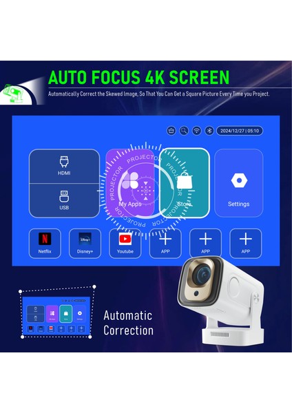 Sinoy Smart Projector, 1080P, 200 AINSI Lumen, Android 11, WiFi 6, 4K Destekli