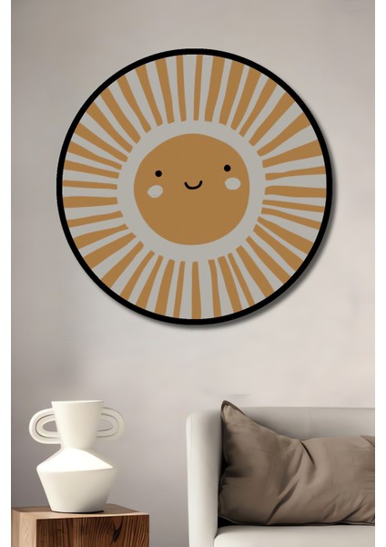Dekoratif Ahşap Yuvarlak Çerçeve Görünümlü Tablo Gülen Güneş