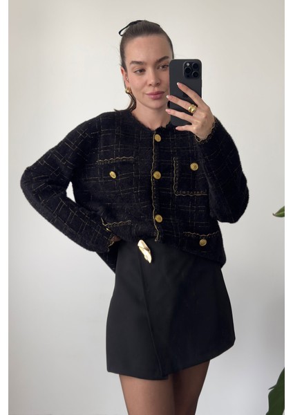 Ekose Desen Simli Triko Hırka- Siyah